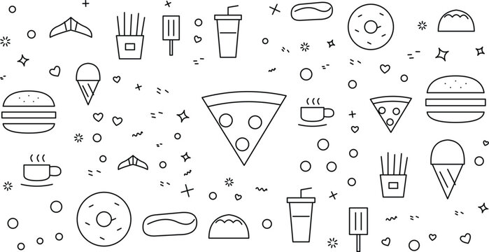 Fast food black and white vector graphic illustration featuring pizza, burgers, fries, drinks, and snacks