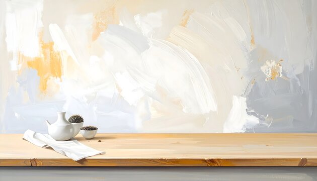 Mesa de madera con vajilla blanca ante fondo abstracto claro