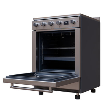 A freestanding stainless steel oven with wire racks and an open glass door isolated on white transparent