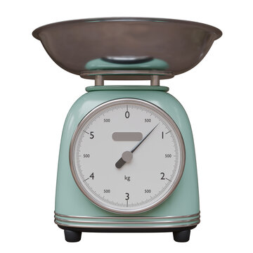 A mint green mechanical kitchen scale with a circular analog dial and a metal weighing bowl, isolated on white transparent