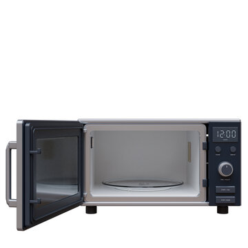 A silver microwave with digital controls has an open door showing an empty interior and glass turntable, isolated on white transparent