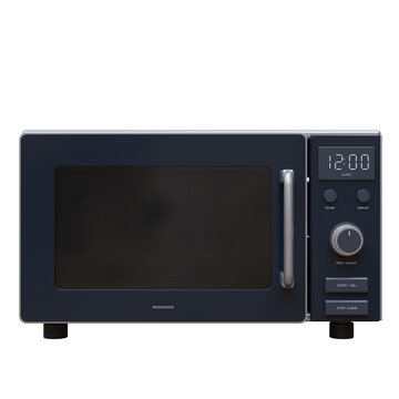 A microwave oven with digital clock, handle and rotary dial front view, kitchen appliance isolated on white transparent