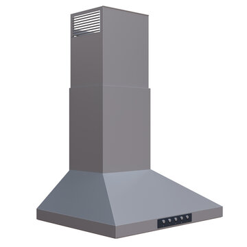 A stainless steel range hood with tapered canopy, tall chimney and push-button controls isolated on white transparent