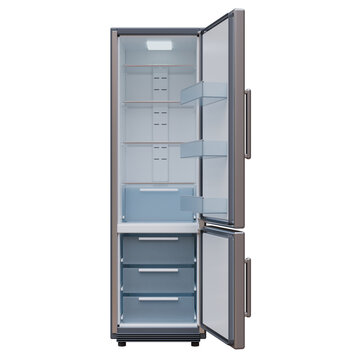 A tall refrigerator with open doors, empty glass shelves and three freezer drawers isolated on a white transparent