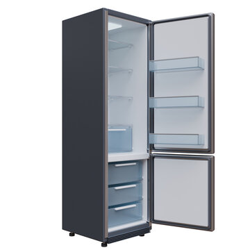 A refrigerator with both doors open shows the glass shelves, door bins and freezer drawers inside, isolated on white transparent