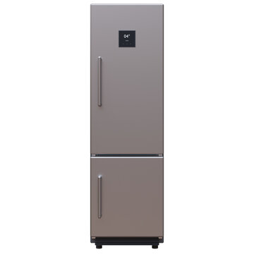 A refrigerator with a digital display, vertical handles and a bottom freezer front view, isolated on white transparent