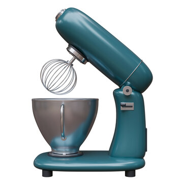 A teal stand kitchen mixer with a raised head, balloon whisk, and stainless steel bowl isolated on white transparent