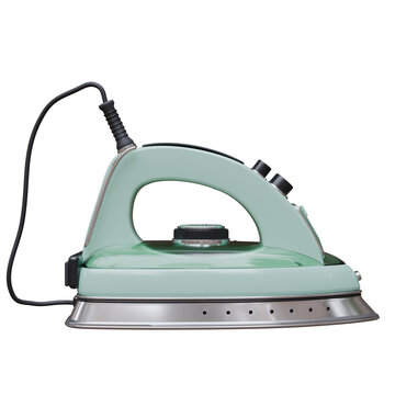 A mint green steam iron with a temperature dial, black cord and polished metal soleplate isolated on white transparent