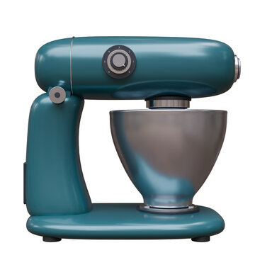 A teal stand kitchen mixer with a handled stainless steel bowl isolated on white transparent