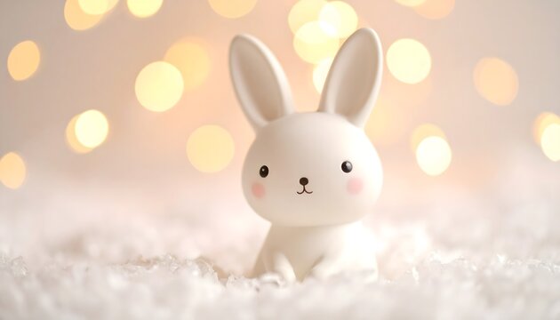 Figura adorable de conejo blanco sobre nieve con luces bokeh c&aacute;lidas