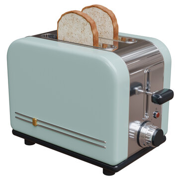 A retro mint green toaster with chrome panels, a lever and control dial holds two bread slices, isolated on white transparent
