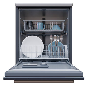 Open stainless steel dishwasher with plates, cutlery and mugs in wire racks, kitchen appliance isolated on white transparent