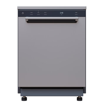 A dishwasher with digital controls and a bar handle, kitchen appliance front view, isolated on white transparent