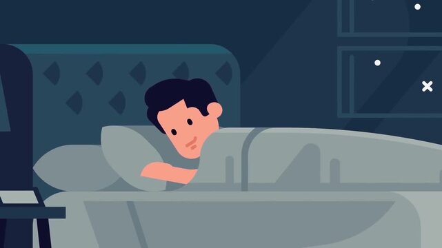 Man waking up peacefully in a comfortable bed under cozy covers inside a dark bedroom at night