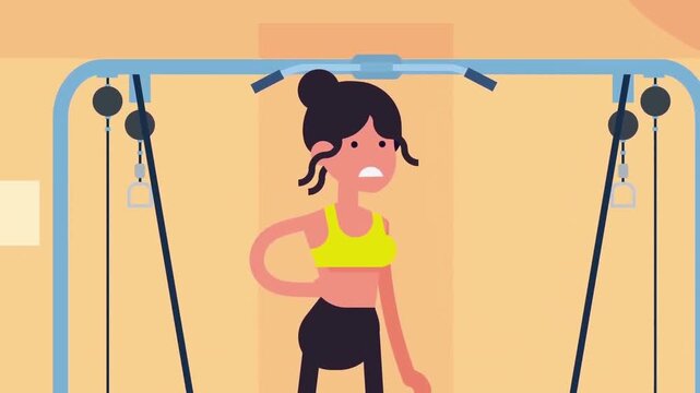 Exhausted young woman standing in fitness gym resting after intensive cardio workout session with heavy gym equipment