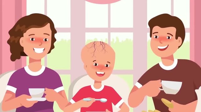 Happy family with mother father and sick child holding spoon eating breakfast together at home