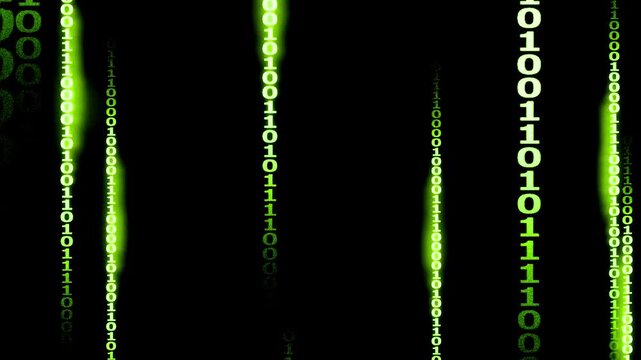 Vertical glowing green binary code streams falling digits zero and one digital matrix background programming cybersecurity data flow computer technology futuristic digital network screen display