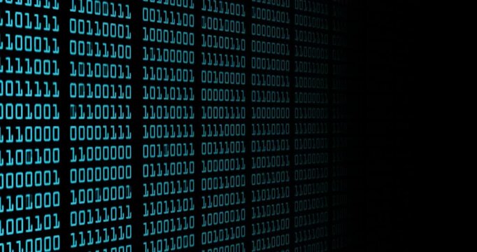 Flowing binary code stream glowing cyan and teal digital data matrix background rows of zero and one digits programming cybersecurity computer technology futuristic network screen display