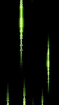 Vertical glowing green binary code streams falling digits zero and one digital matrix background programming cybersecurity data flow computer technology futuristic digital network screen display