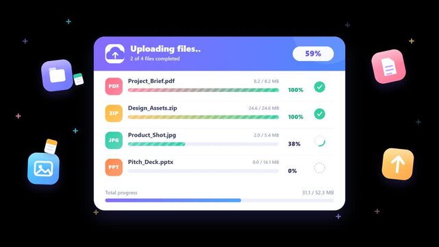 Uploading files progress interface animation on transparent background