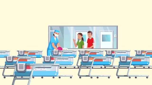 Medical nurse caring for newborn babies in hospital nursery while happy parents wave from behind glass window