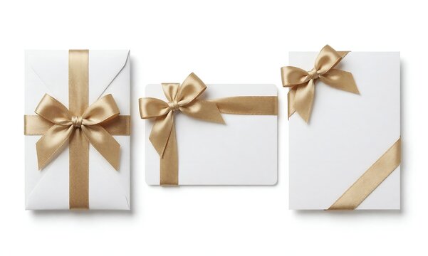 Elegant white gift cards with luxurious gold ribbon and bows for special occasions and greeting card presentations.