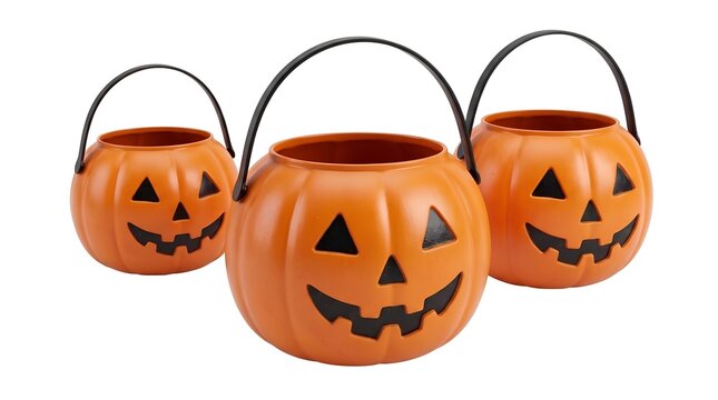 Set of three smiling jack-o-lantern candy pails with handles for trick-or-treating and Halloween party fun.