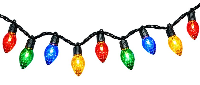 Christmas festive string lights with multicolored bulbs glowing for holiday home indoor decoration.