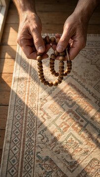 Hands holding wooden tasbih prayer beads over prayer mat on wooden floor, warm morning light