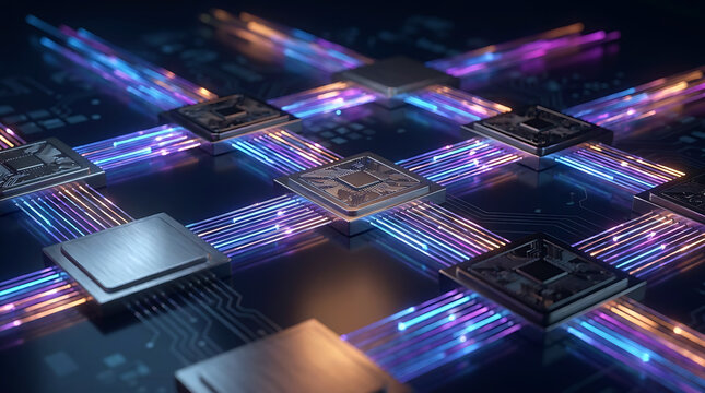 Hightech digital circuit board with interconnected processor chips and glowing fiber optic data transmission lines representing artificial intelligence