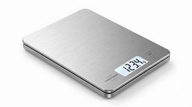 Digital kitchen scale with stainless steel surface showing weight on