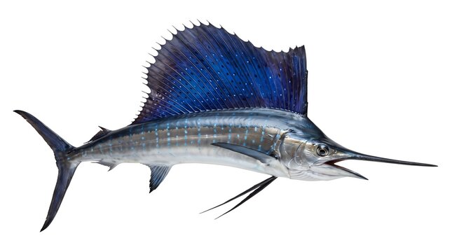 Sailfish swimming with large blue dorsal fin isolated on a white
