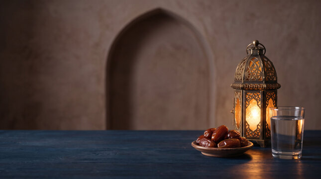 Ramadan Iftar still life with glowing Arabic lantern dates and glass of water against arched wall with copy space