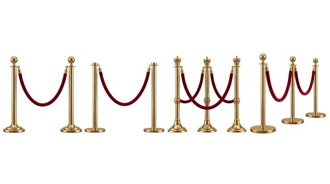 Gold stanchion posts with red velvet ropes isolated on white