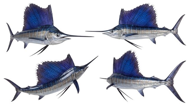 Marine marlin fish four views natural blue silver metallic scales