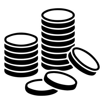 Coins stack vector icon black metallic currency pile symbol for wealth accumulation.