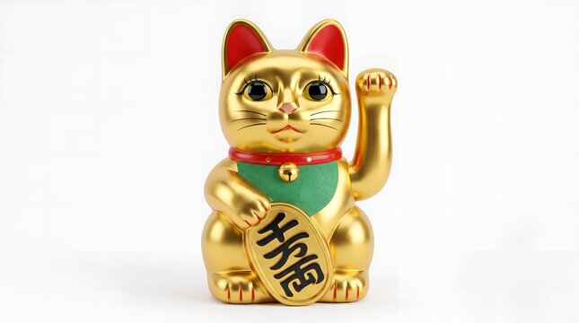 Maneki-neko lucky cat holding fortune coin with kanji text on white