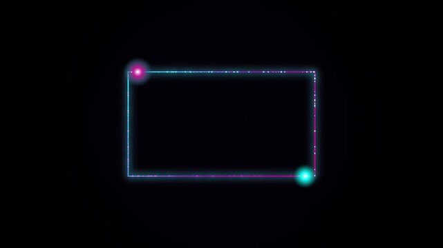 Animated neon rectangle frame with glowing particles on black background, border