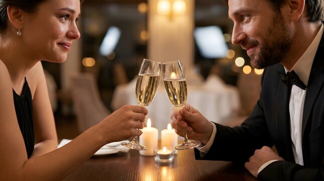 Romantic couple toasting with champagne at elegant candlelit dinner