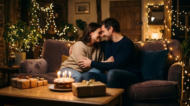 Couple celebrating birthday with cake and gifts in cozy living room