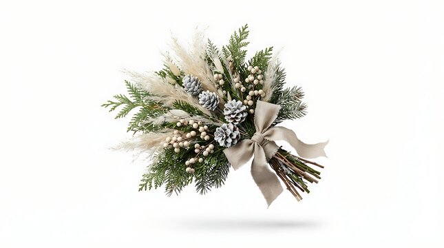 Winter holiday bouquet with pine cones and greenery isolated on white background