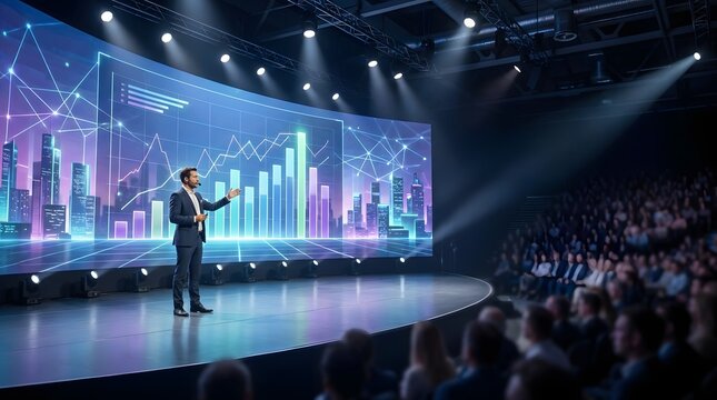 Businessman presenting financial data on futuristic digital screen