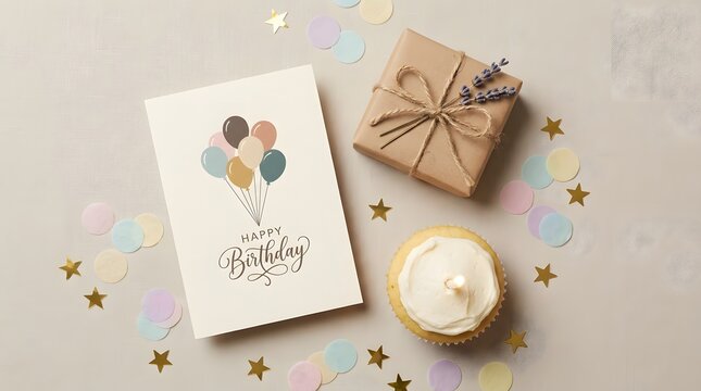 Flat lay of birthday card, gift box, and cupcake with confetti