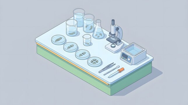 Isometric laboratory table with scientific equipment and glassware