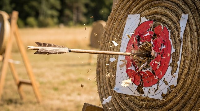Arrow hitting bullseye on straw archery target in outdoor field