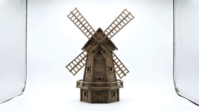 Vintage wooden windmill model on a white studio background