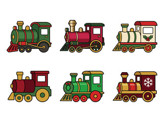 christmas Christmas cartoon train set, cute vintage locomotive icons, festive illustration for holiday cards, banners, and social media posts vector © Md