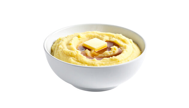 mashed potatoes with gravy and butter in a bowl, isolated on transparent background, PNG.