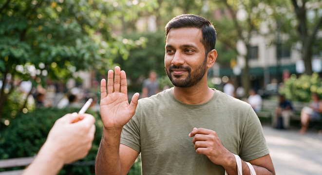 Smiling man in an olive T-shirt raising his hand to refuse a cigarette offered to him in a green city park. Say no to smoking, peer pressure, quit smoking and healthy choice concept.