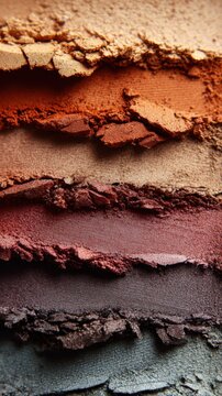 Macro close-up of crushed cosmetic powder and eyeshadow swatches in earth tones, abstract texture